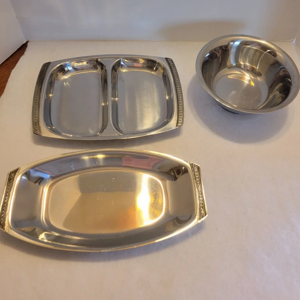 Vtg MCM Madeira Stainless‎ Serving Set Trays Divided Dish Bowl Floral Rim